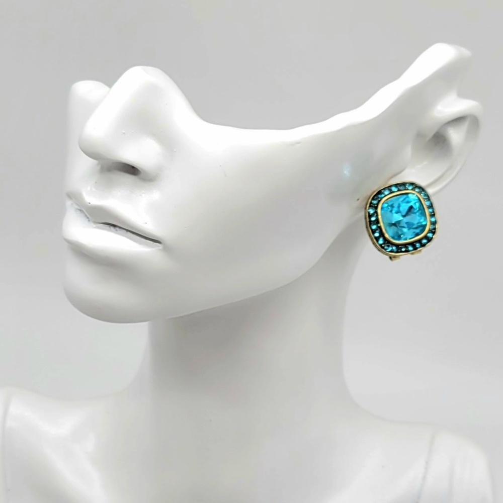 Heidi Daus Blue Topaz Swarovski Crystal Rounded Square Stud Earrings